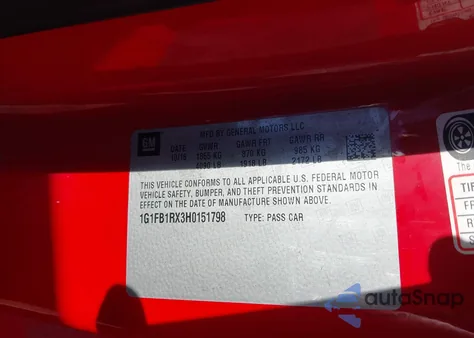 2017 Chevrolet Camaro 1Lt из США, поврежденный, VIN 1G1FB1RX3H0151798